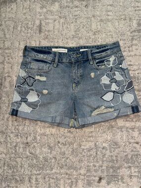 Pilcro and the Letterpress Blue Embroidered Distressed Denim Shorts